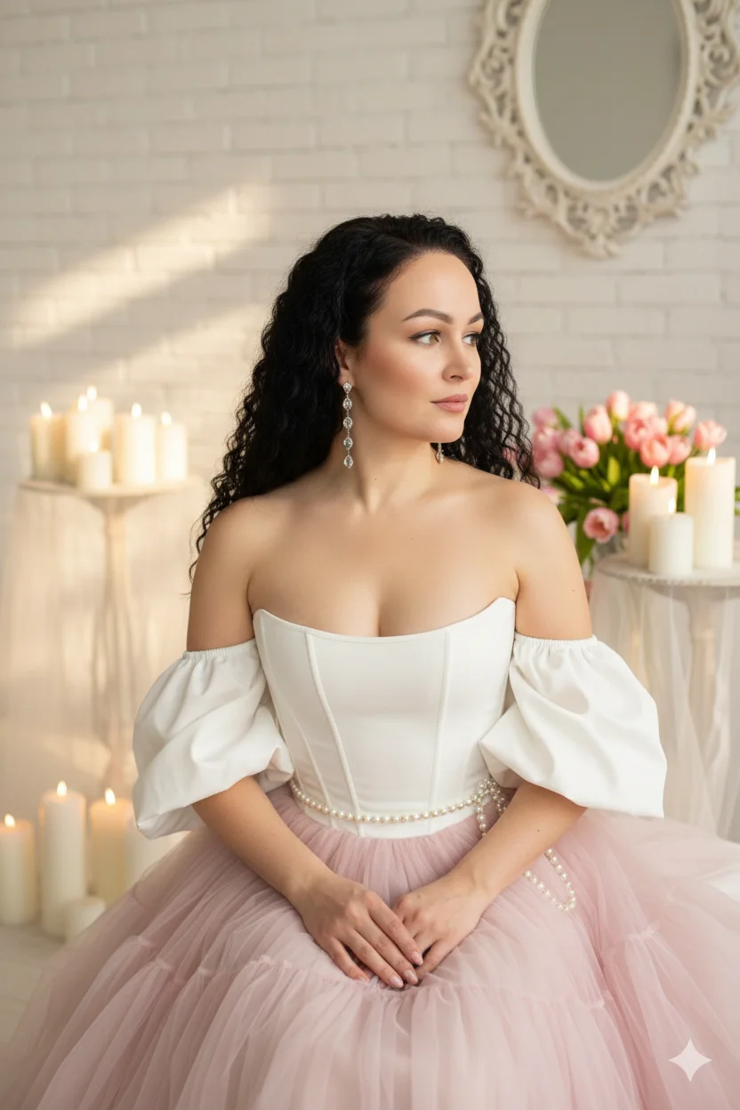 Женщина в белом корсете и розовой юбке сидит среди свечей