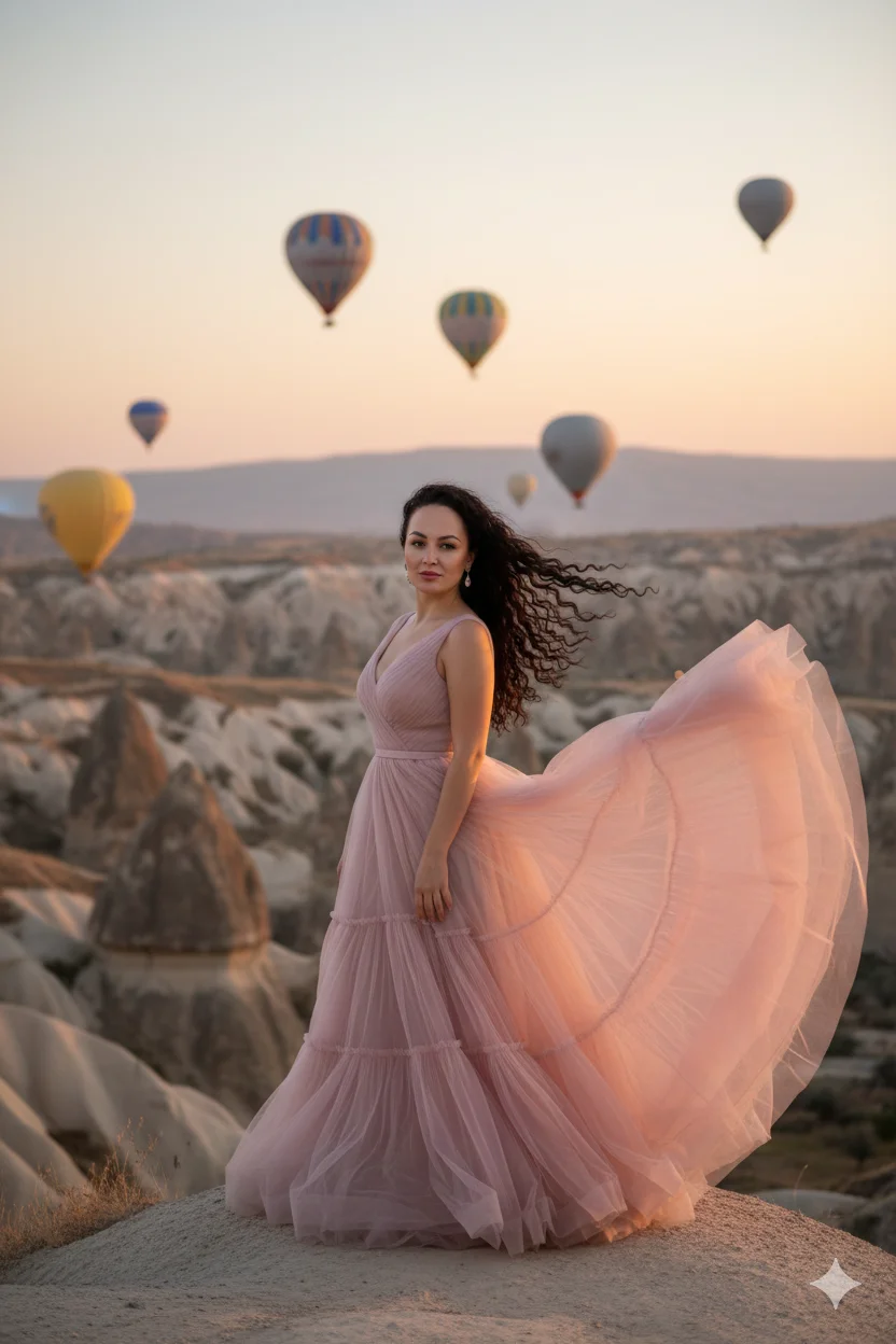 Женщина на фоне скал и воздушных шаров в пудровом платье стоит в полуобороте