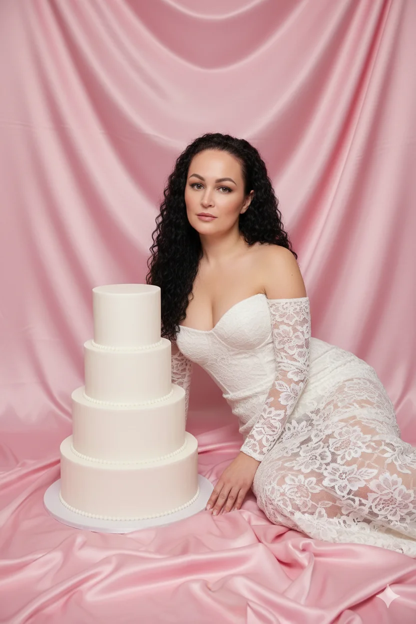 Женщина в студии рядом с высоким белым тортом