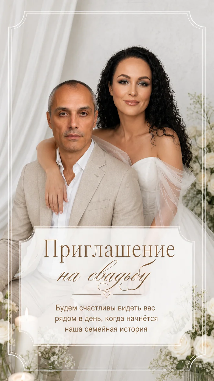Фотооткрытка студийная минимал с надписью «Приглашение на свадьбу»