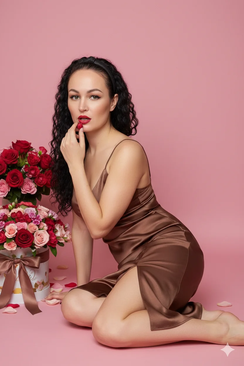 Женщина в атласном платье лежит у розовой стены с коробкой цветов