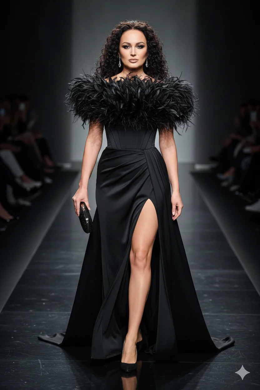 Женщина в чёрном платье с перьевым корсетом на подиуме
