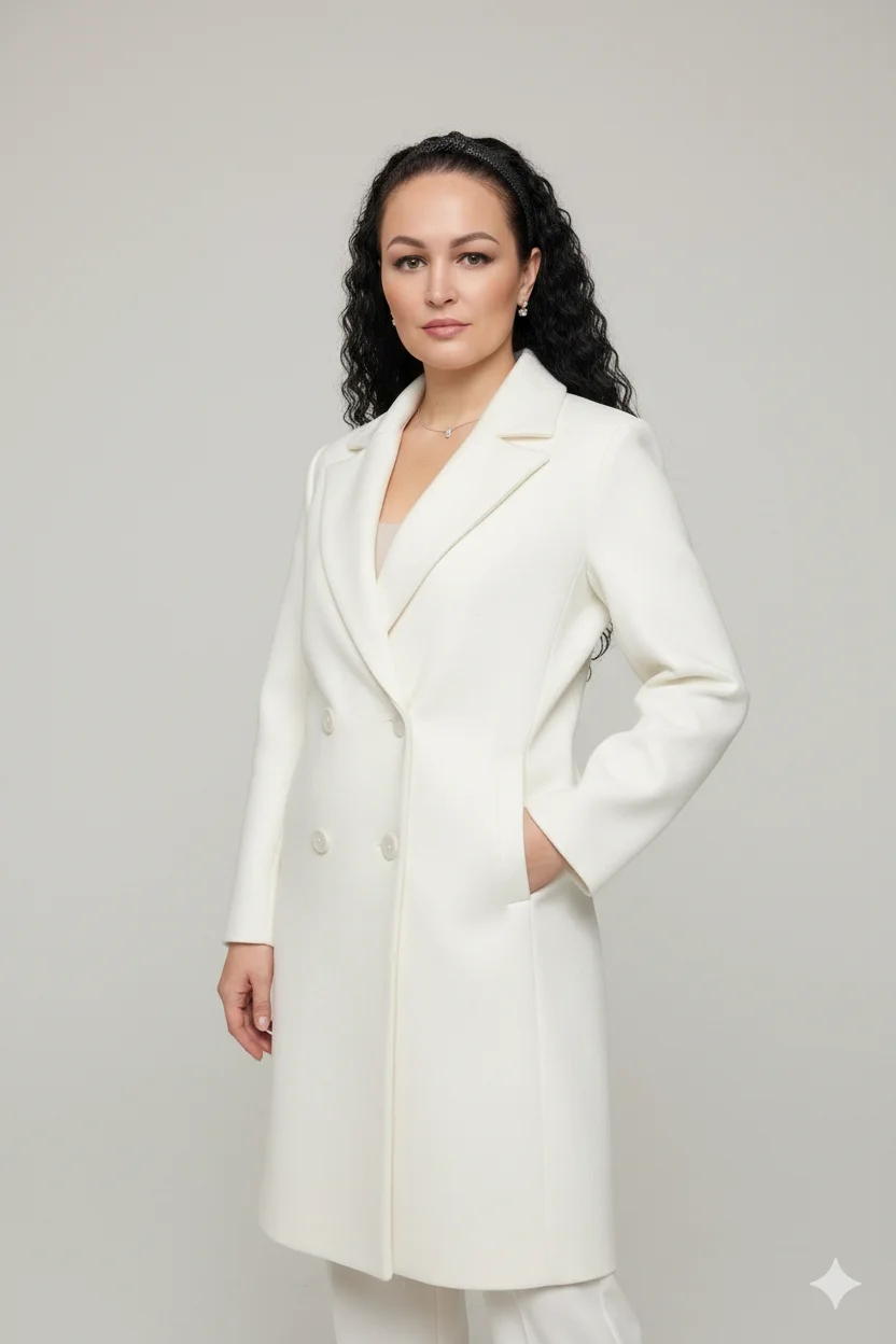 Минималистичная студийная fashion-съёмка: женщина в белом двубортном пальто на светлом фоне