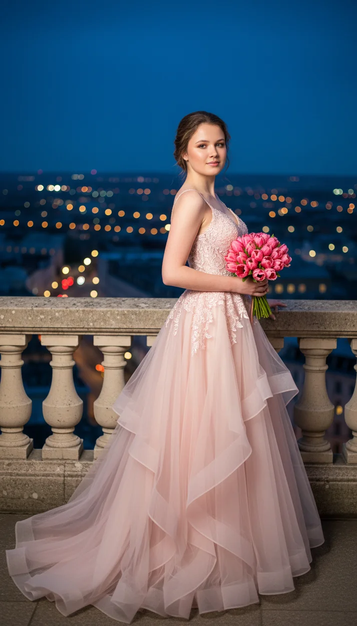 Девушка на балконе с видом на город в вечернем платье 