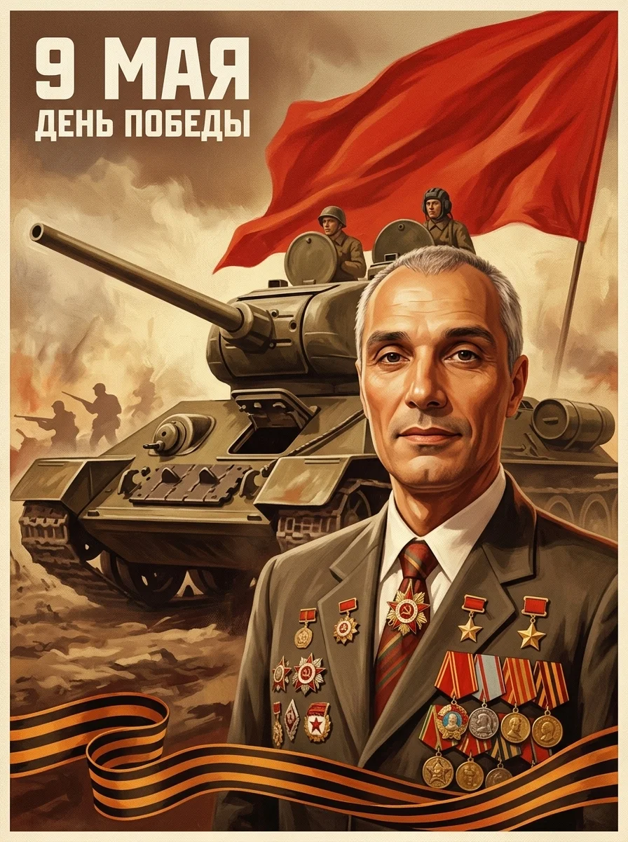Ретро картина Победы с ветераном, танком и красным знаменем