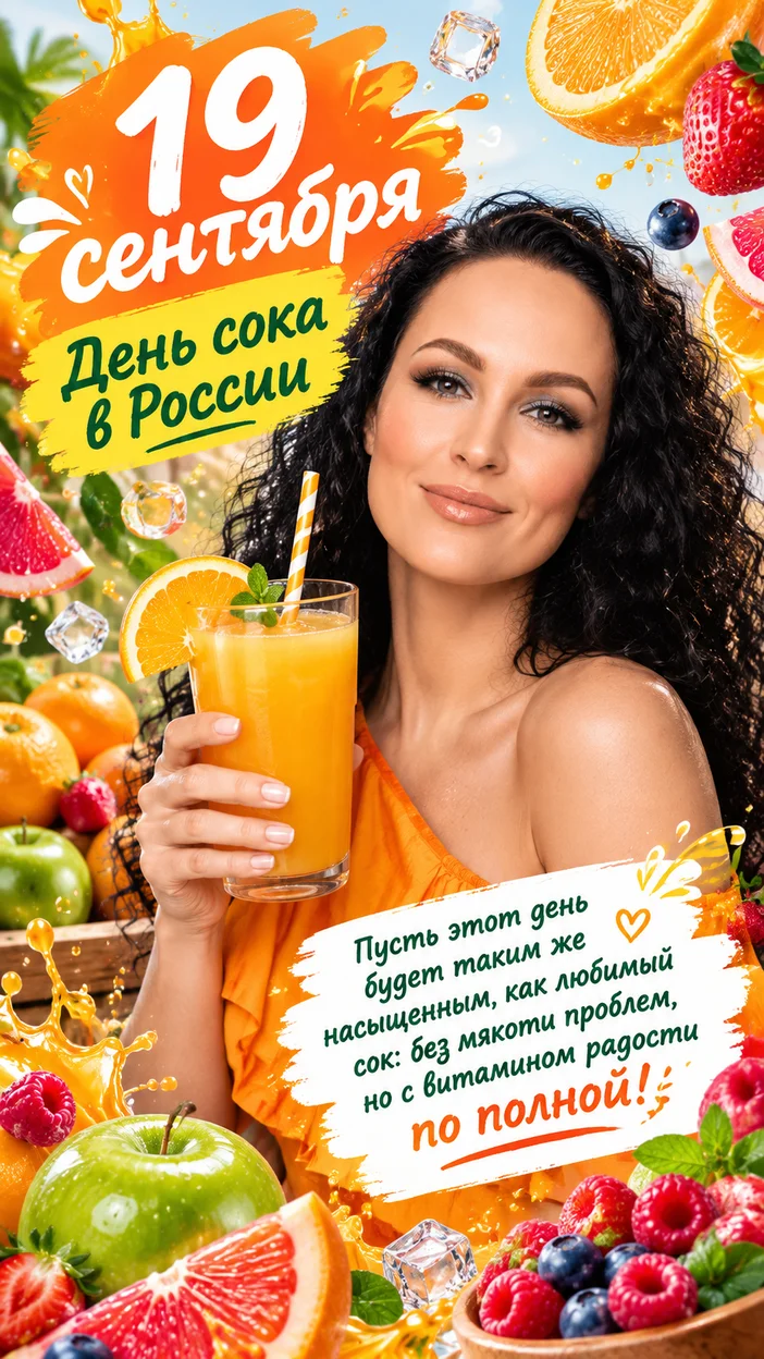 Фотосессия фруктовая фотозона 19 сентября — День сока в России, девушка с большим стаканом сока