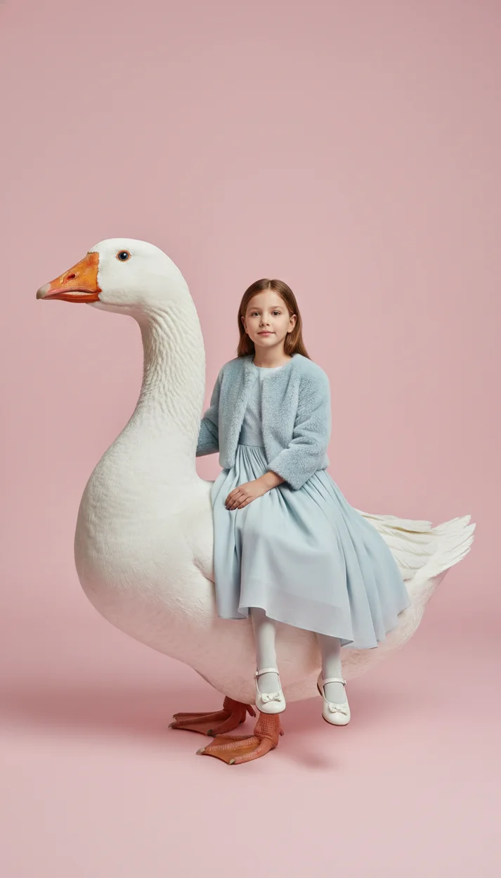  Сюрреалистичная модная фотосессия ребёнка на гигантском белом гусе