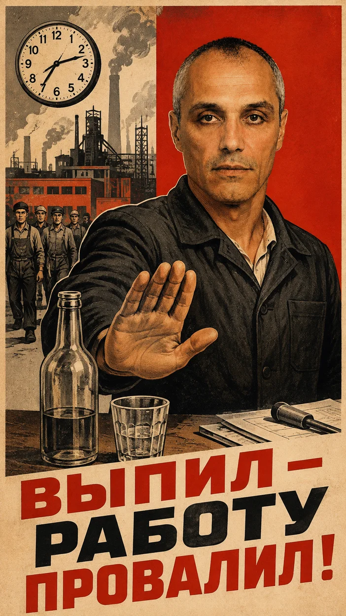Фотосессия агитационного плаката «Выпил — работу провалил!»