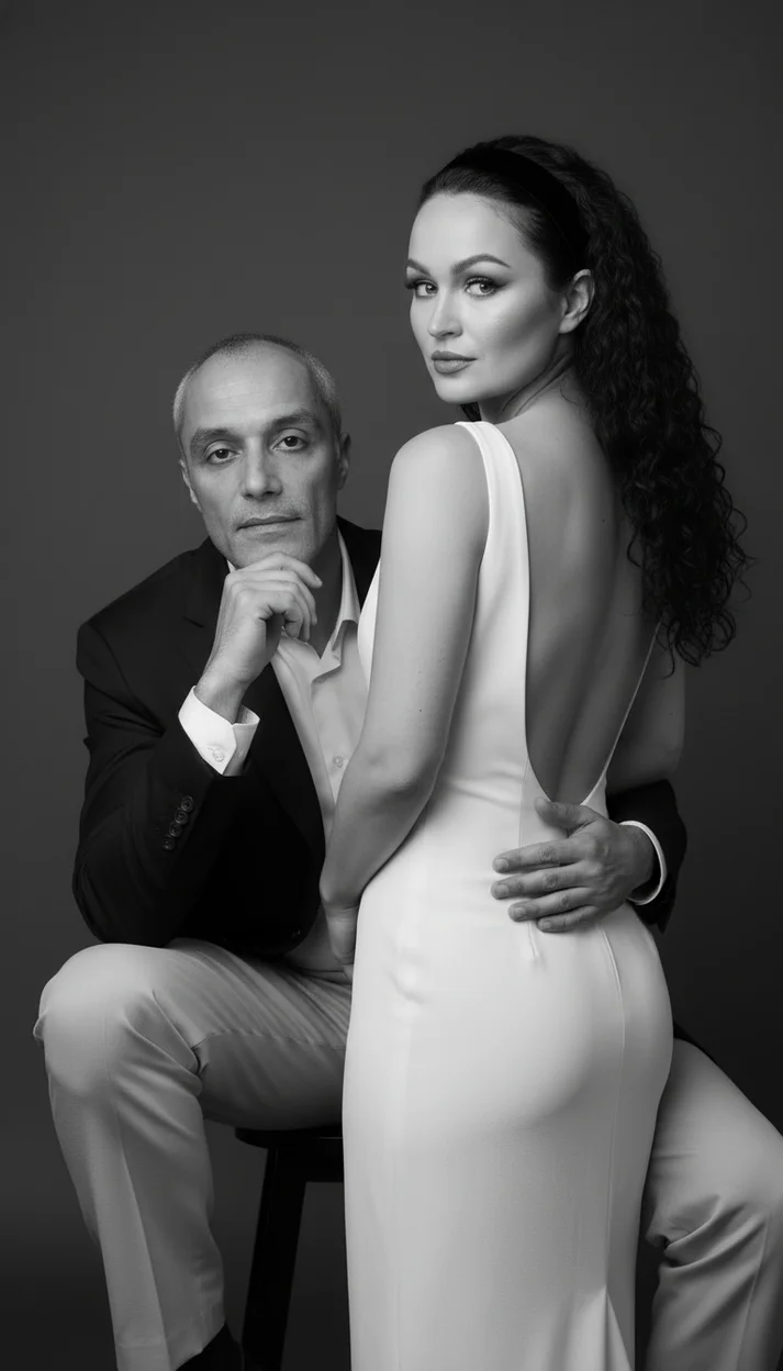 Чёрно-белый студийный портрет пары крупным планом