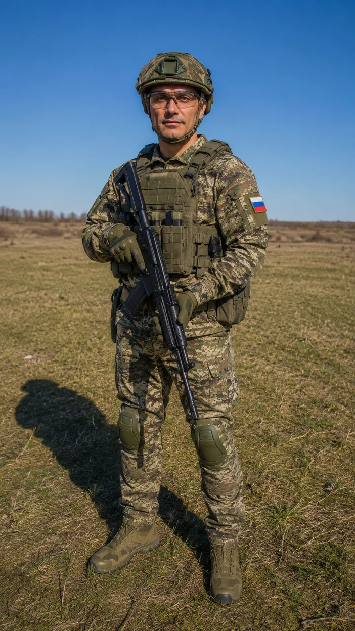 Мужчина в современной российской камуфляжной форме с шлемом