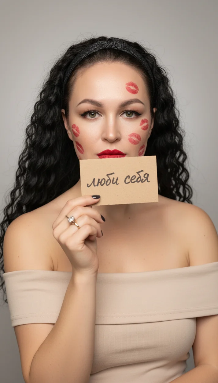  Портрет с поцелуями и надписью "люби себя"