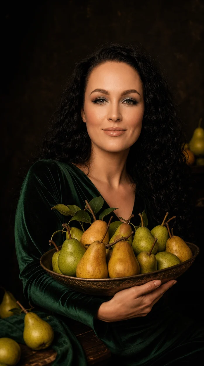 Фотосессия девушки с грушами на тёмном фоне
