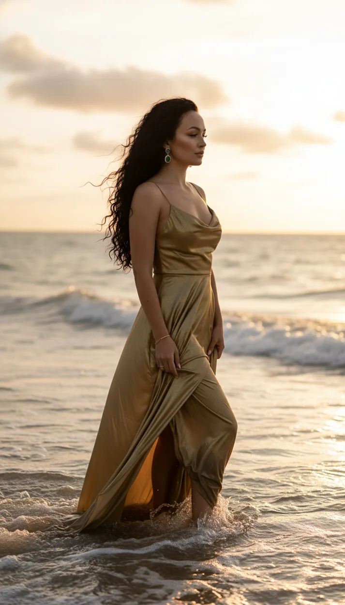 Женщина в струящемся золотом платье стоит по колено в морской воде