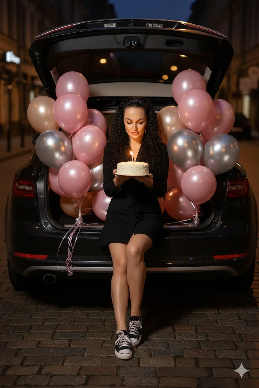 Девушка сидит в багажнике автомобиля ночью с тортом и большим букетом розово-перламутровых шаров