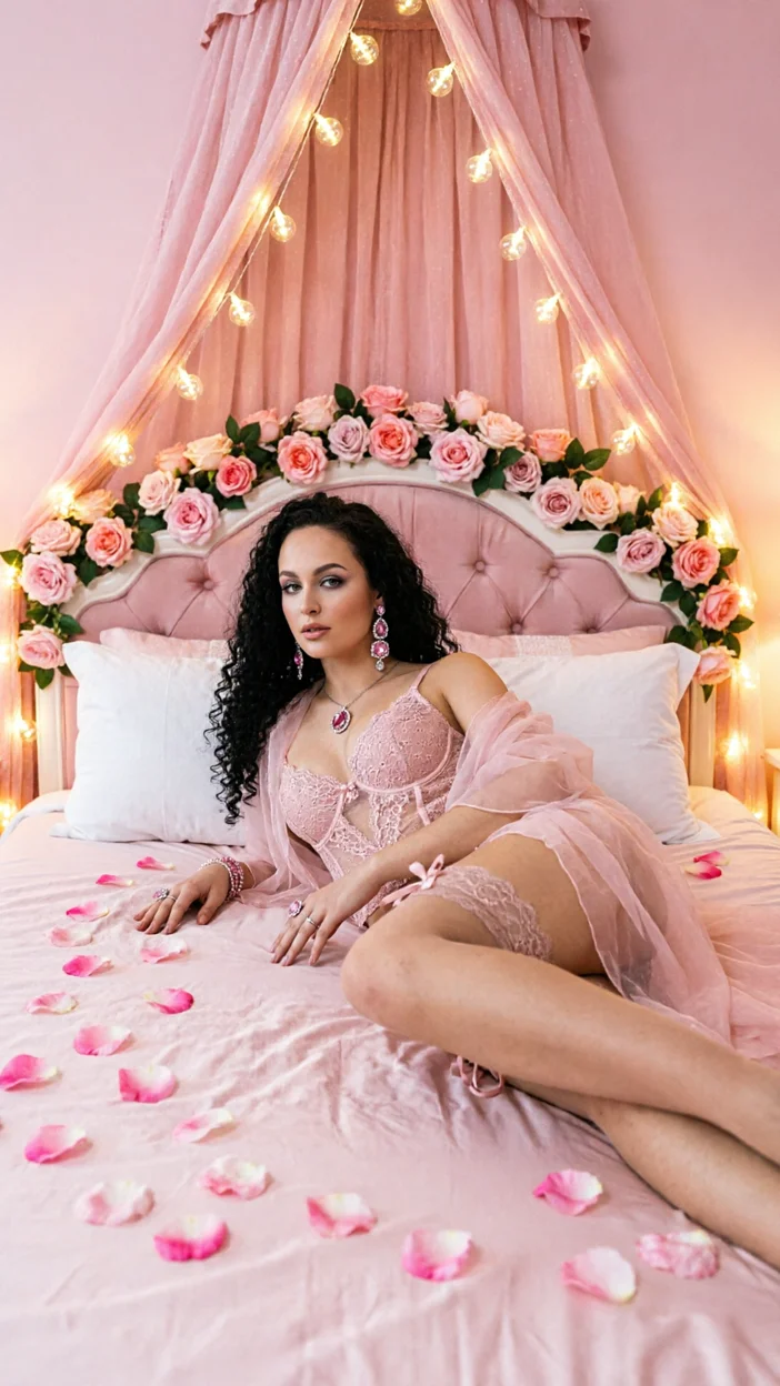 Фотосессия  в белье -  Розовая спальня с огнями и розами 