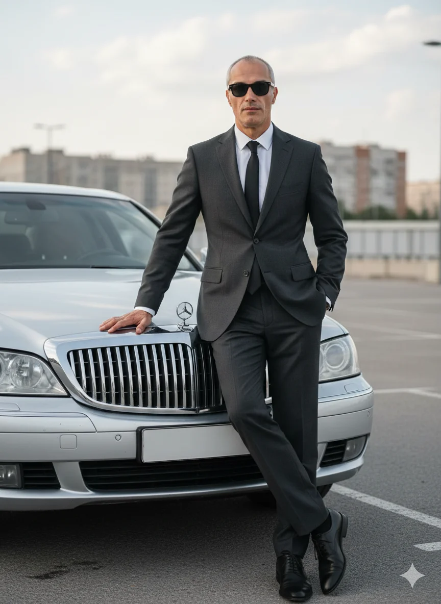 Мужчина в сером костюме у серебристого седана