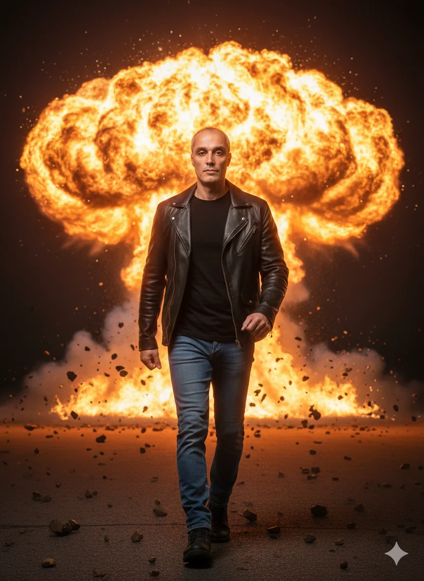 Мужчина в чёрной куртке идёт к камере на фоне взрыва