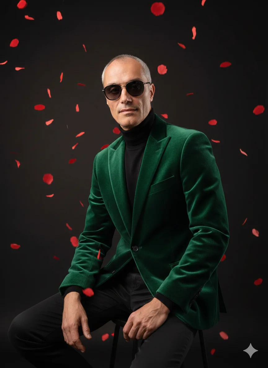 Мужчина в зелёном бархатном пиджаке сидит на стуле в очках на тёмном фоне с лепестками