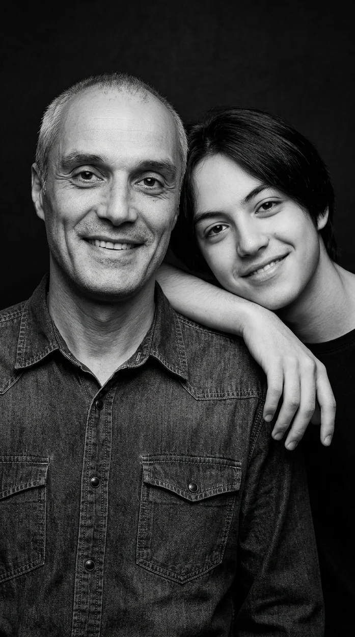  Отец и взрослый сын на чёрном фоне  