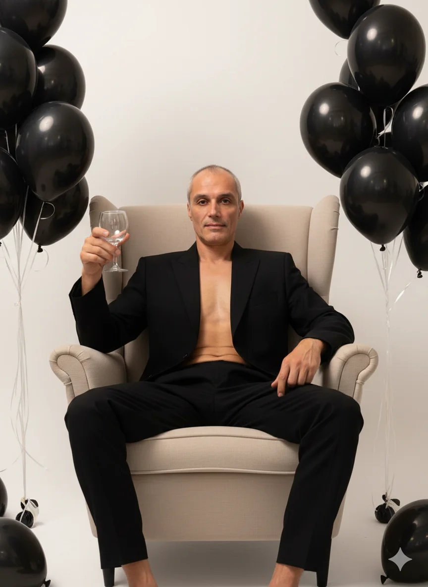 Мужчина в чёрном костюме сидит в кресле с бокалом