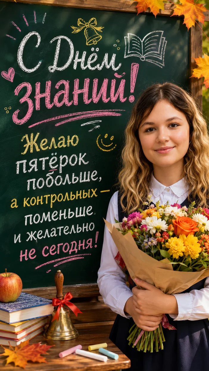 Фотооткрытка у школьной доски с мелковой надписью «С Днём знаний! Желаю пятёрок побольше, а контрольных — поменьше и желательно не сегодня!»