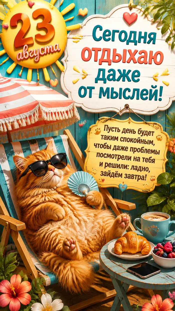 Открытка с котом в садовом шезлонге 23 августа