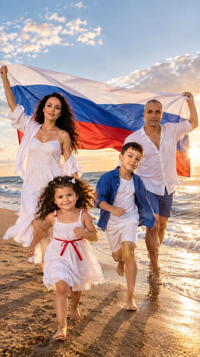 Фотосессия семейная пляжная сессия у моря босиком с огромным российским флагом на ветру