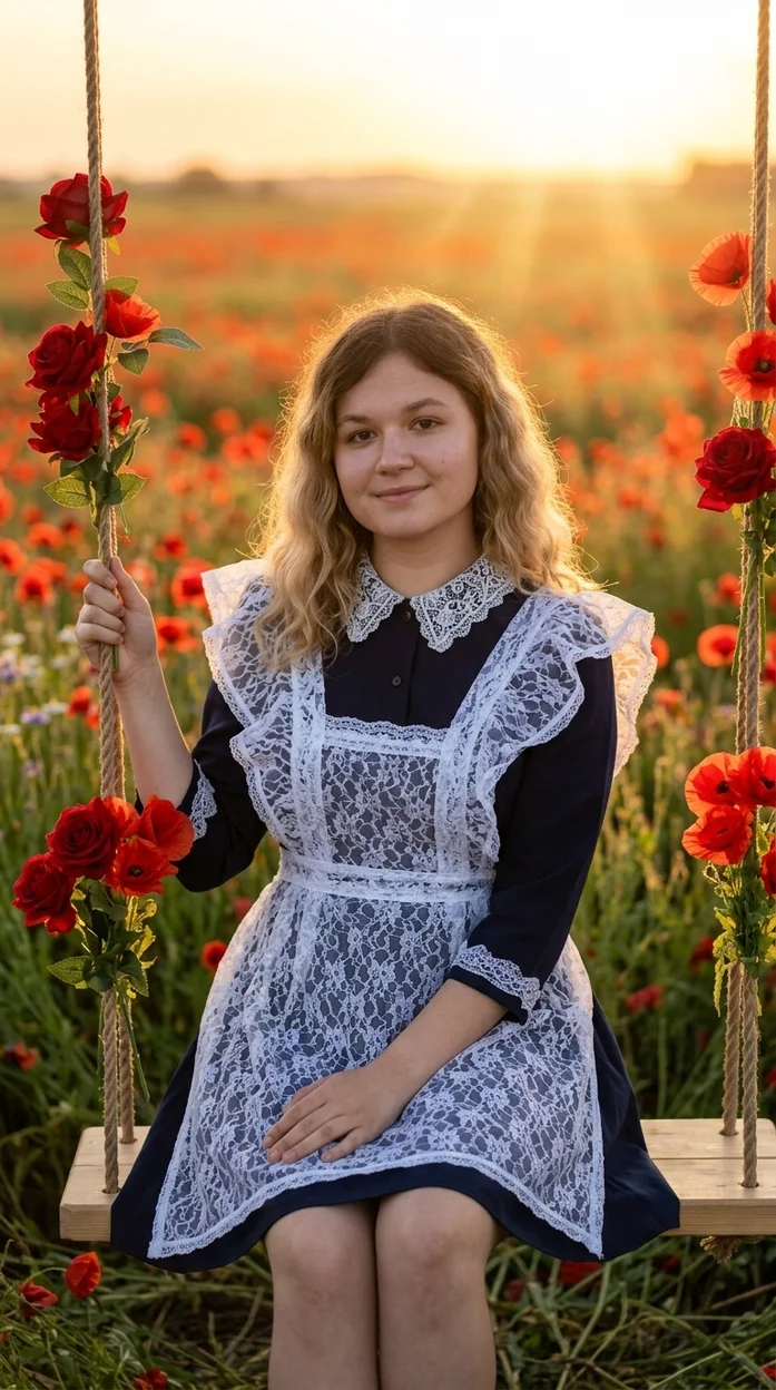  sunset-съёмка в поле красных маков и цветов  в школьной форме 