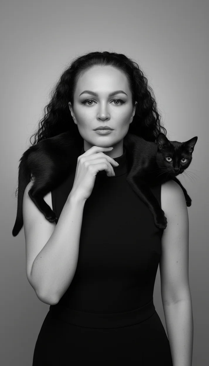  Девушка с кошкой в черно-белом студийном портрете