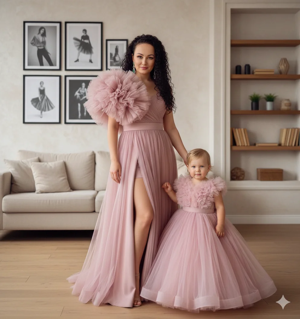 Мама и дочь в пудрово-розовых вечерних платьях в элегантной гостиной