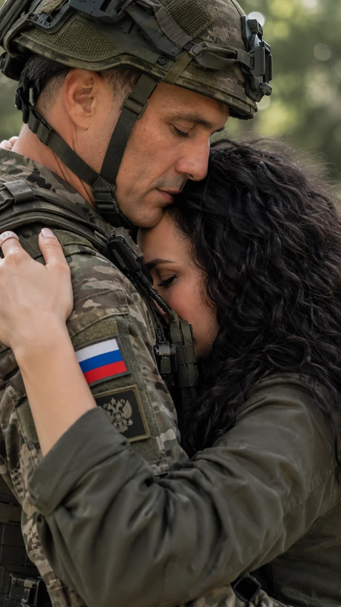 Фотосессия крупный природный портрет встреча у плеча мужчина в тактической русской форме и женщина в объятиях