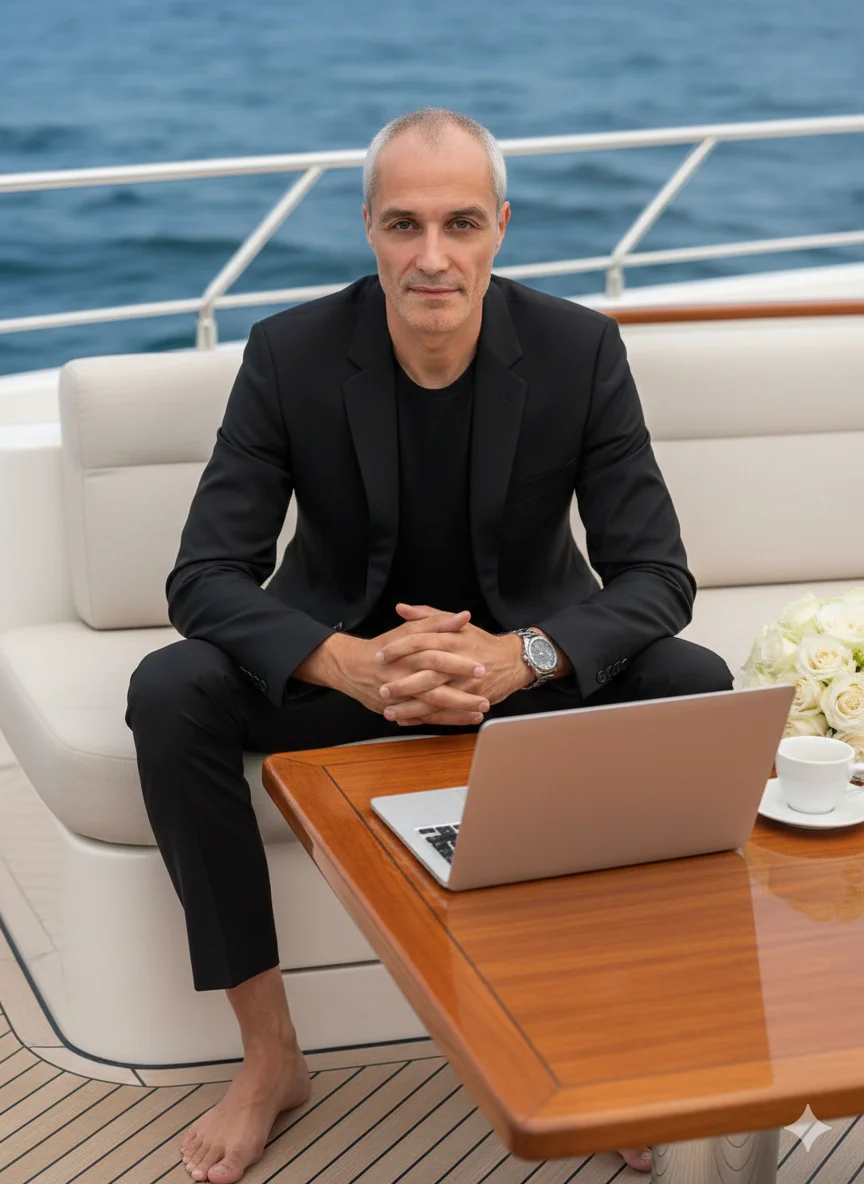 Мужчина в чёрном костюме сидит на яхте с ноутбуком на фоне моря