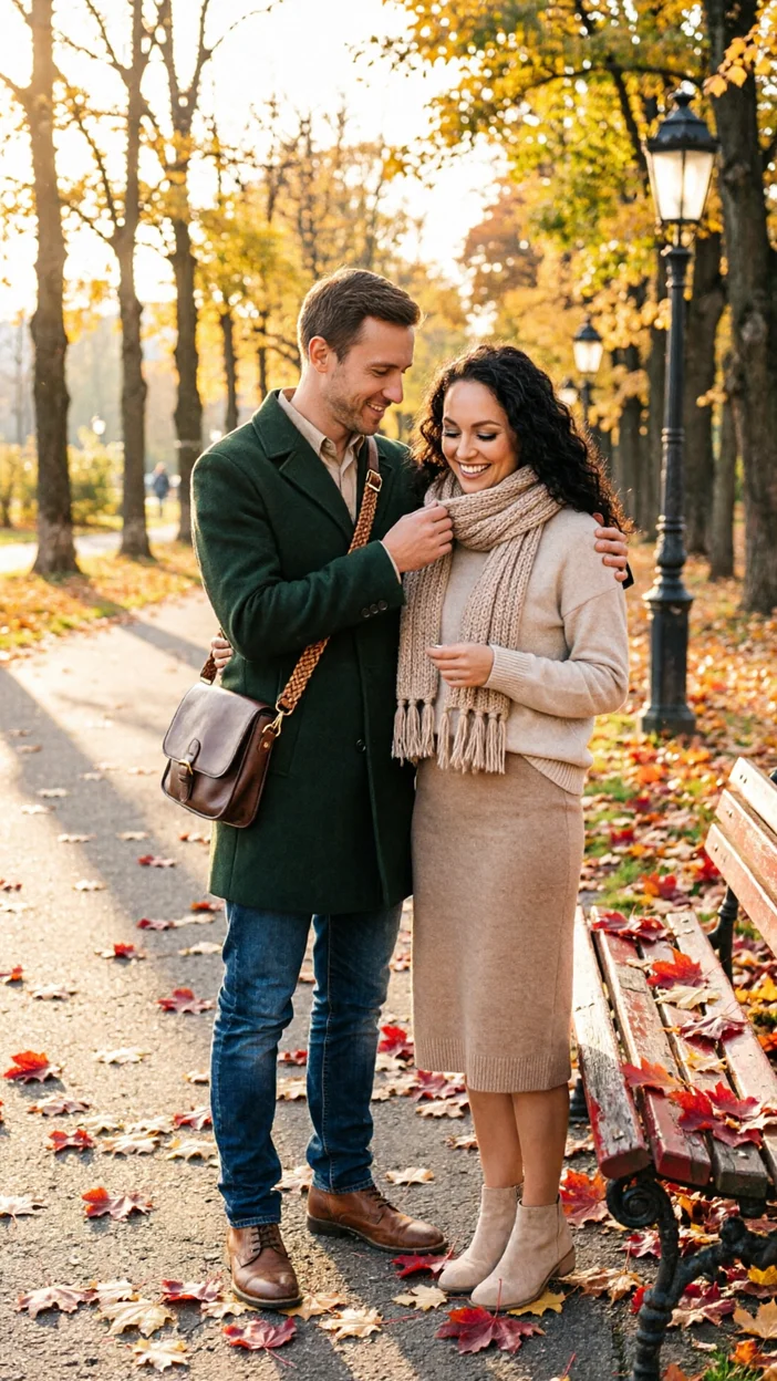 Фотосессия влюблённой пары в одежде casual на аллее старого парка