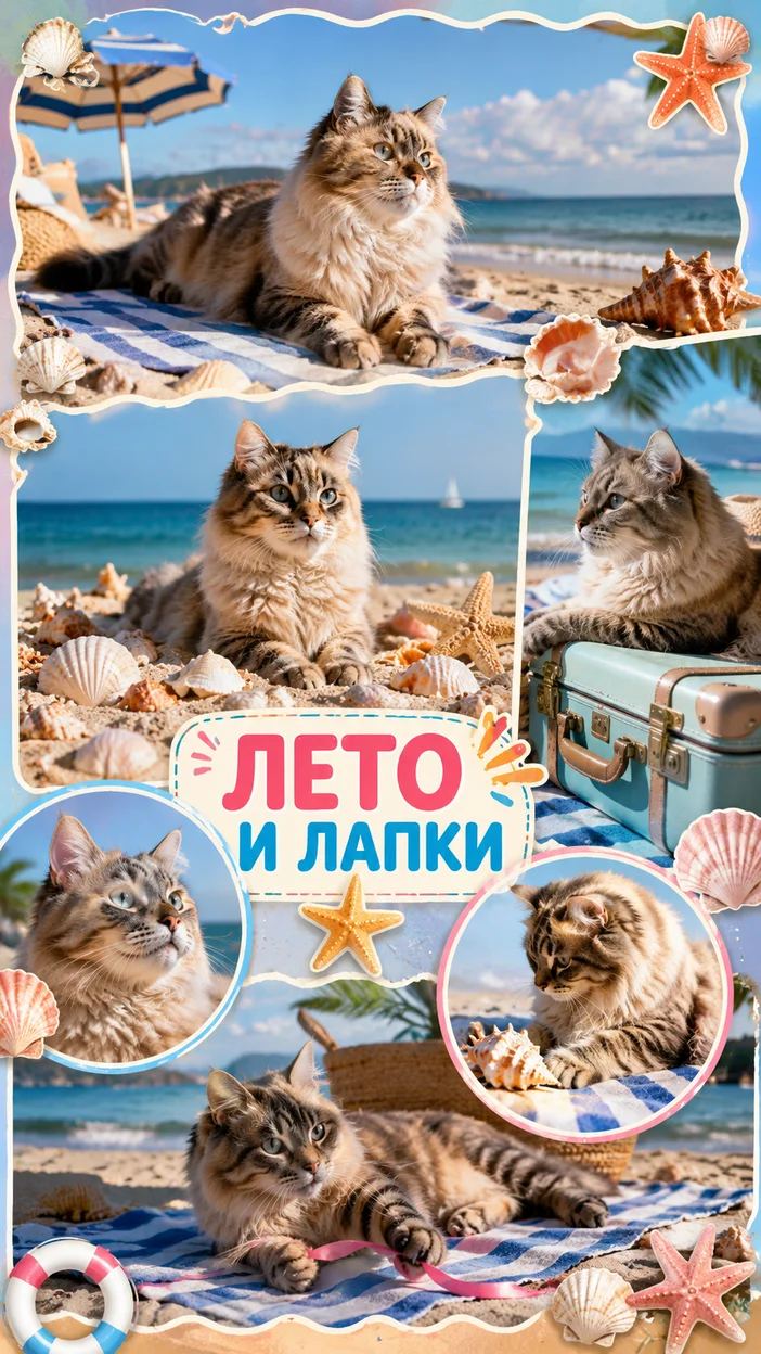 Фотосессия морского летнего коллажа с кошкой