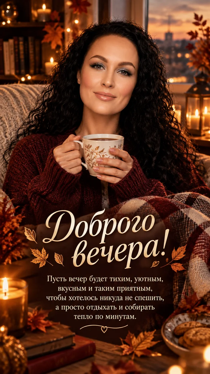 Фотосессия вечерняя уютная баннер‑открытка с пожеланием доброго вечера: девушка дома у окна с пледом, свечами и книгой