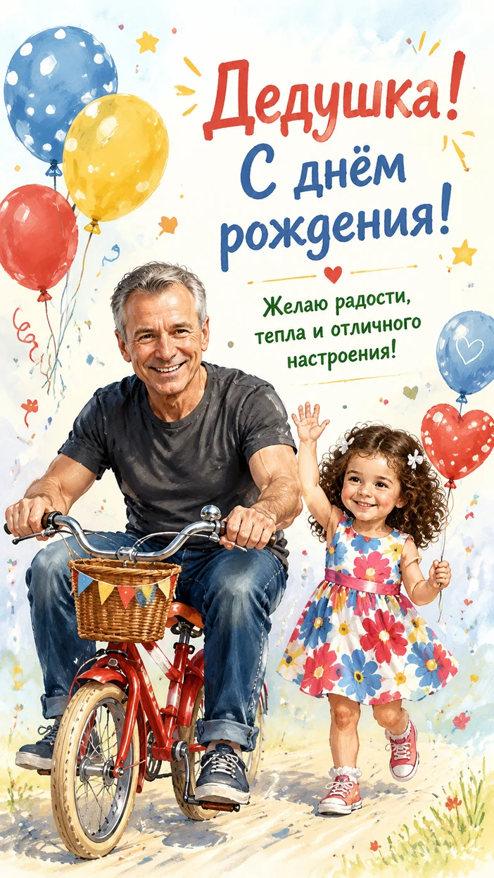 Фотосессия дедушки и ребёнка с велосипедом