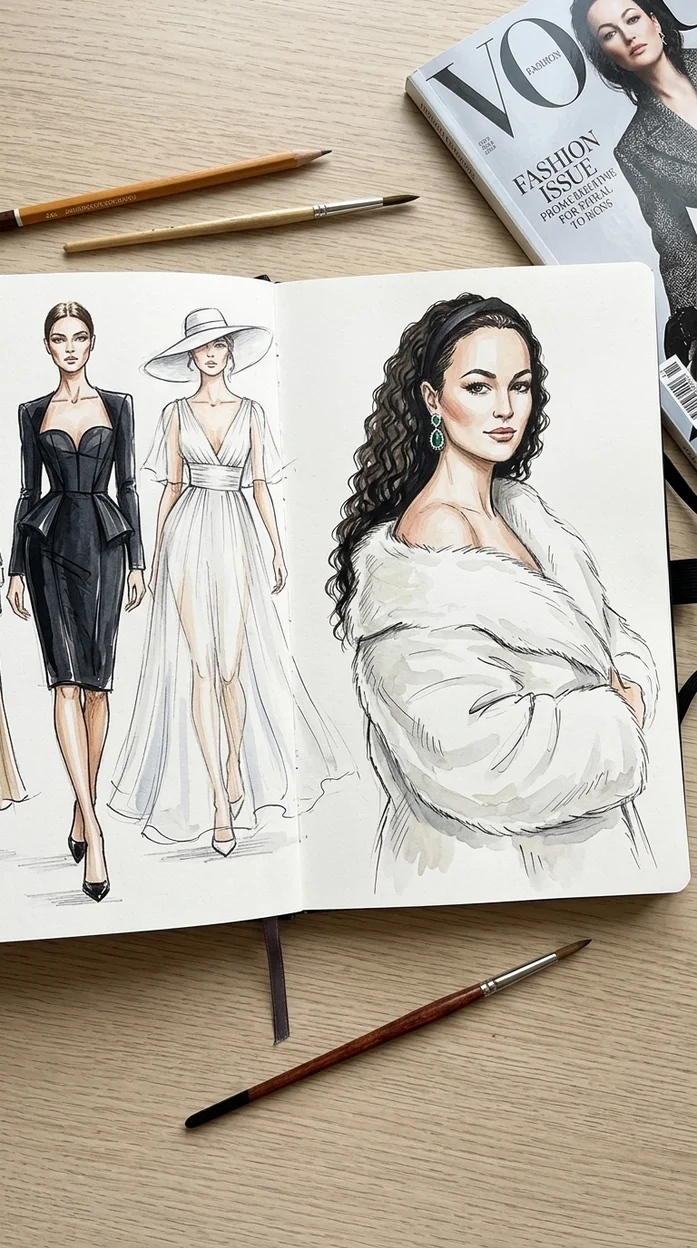 Фэшн-иллюстрация в стиле luxury fashion sketch из дизайнерского скетчбука
