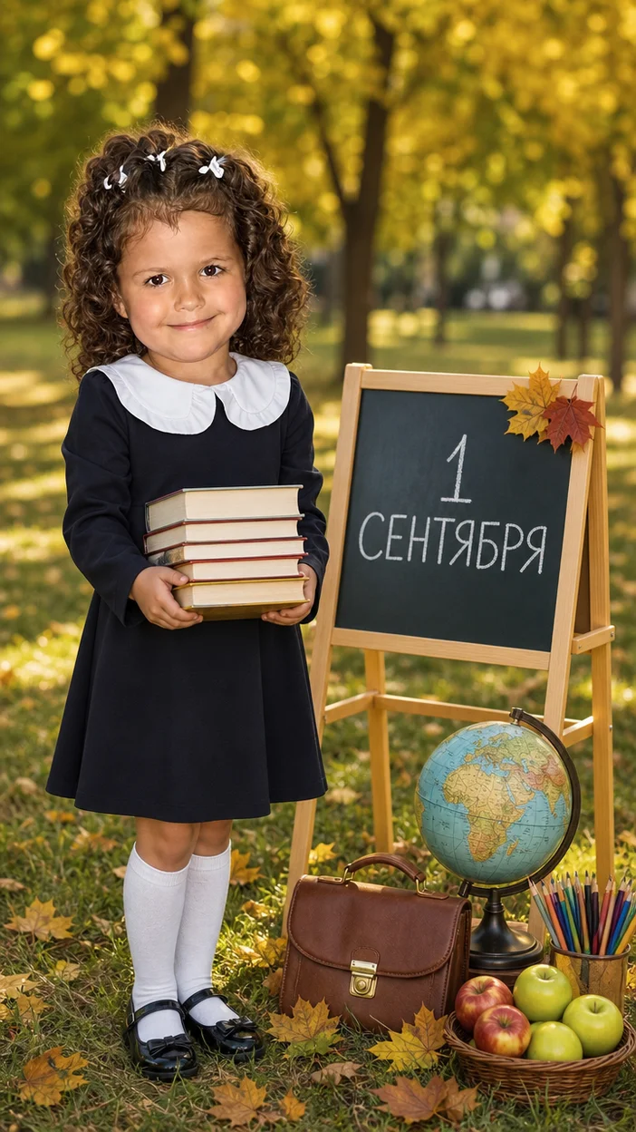 Фотосессия осенняя школьница в парке со стопкой учебников и доской «1 СЕНТЯБРЯ