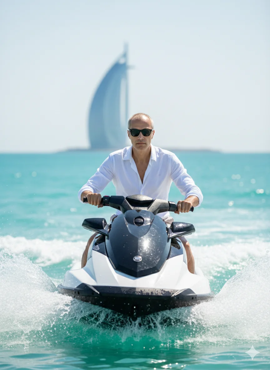 Мужчина на гидроцикле в белой рубашке и шортах