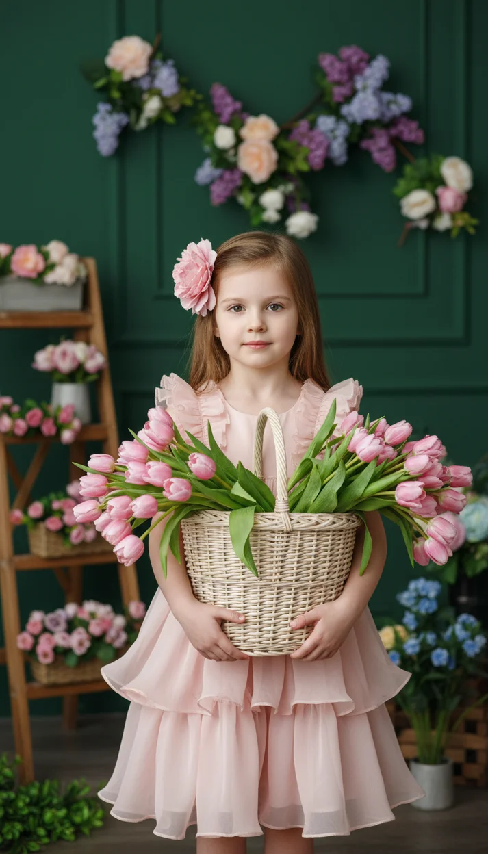  Портрет ребёнка с корзиной тюльпанов в цветочной студии