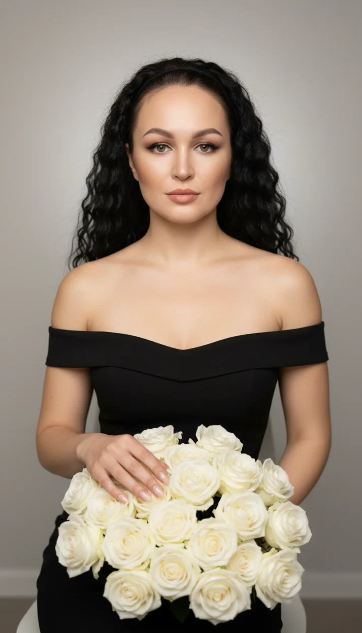 Девушка с букетом белых роз в черном платье сидит с рукой на цветах