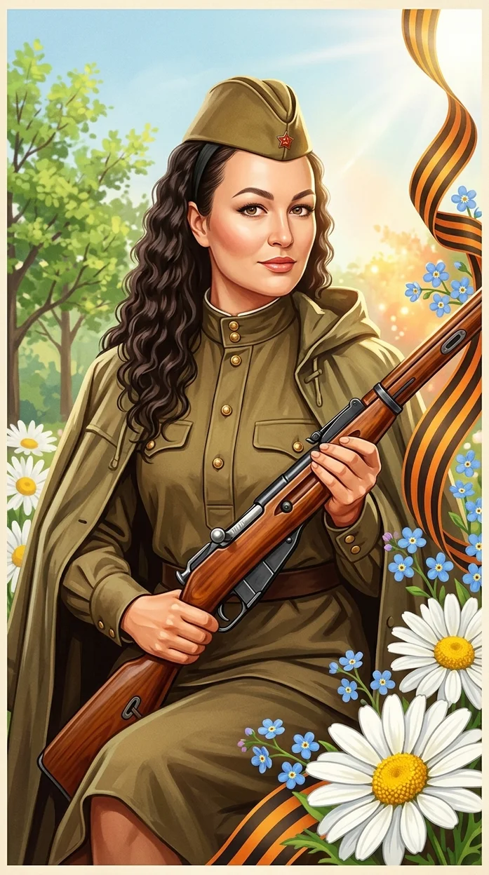 Ретро открытка Победы с девушкой в форме и весенними цветами