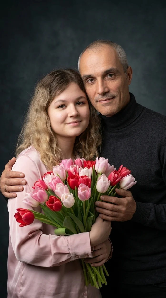 студийный портрет отца и дочери в момент поздравления