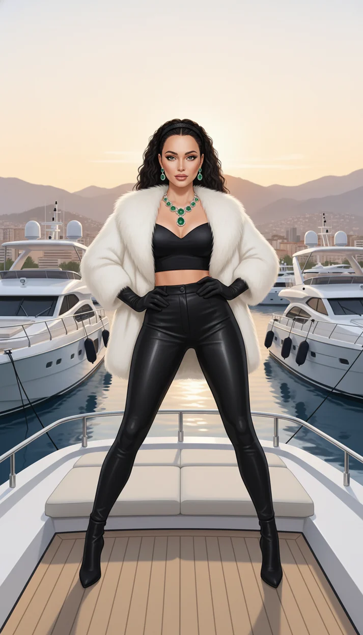 Элегантная женщина в меховом пальто у яхты