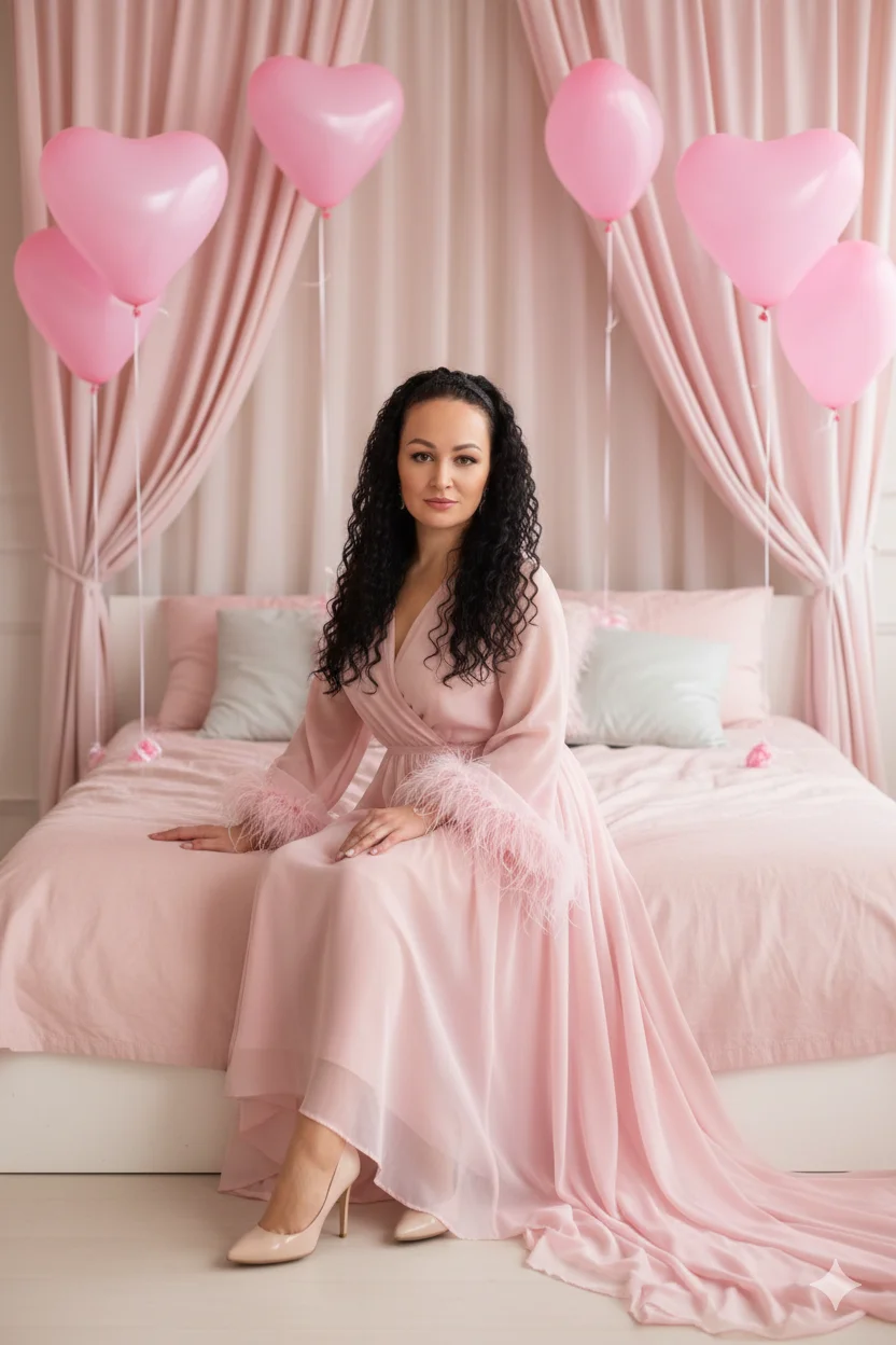Женщина в розовом платье сидит на кровати среди розовых шаров