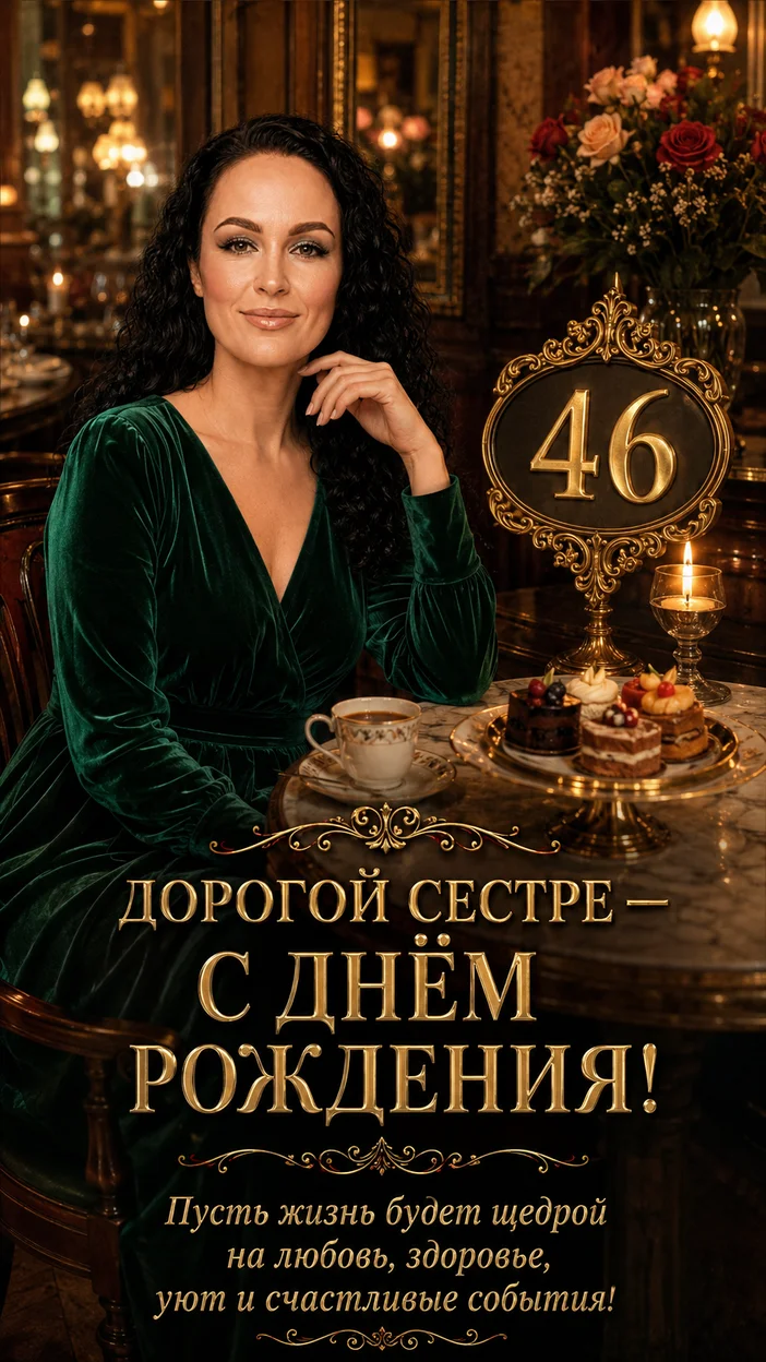 Фотооткрытка сестре на 46 лет с поздравлением "ДОРОГОЙ СЕСТРЕ — С ДНЁМ РОЖДЕНИЯ!"