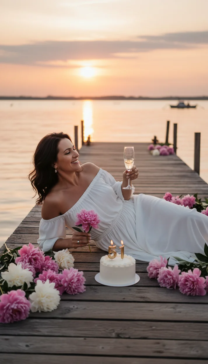  51 год — фотосессия с пионами у воды и тортом