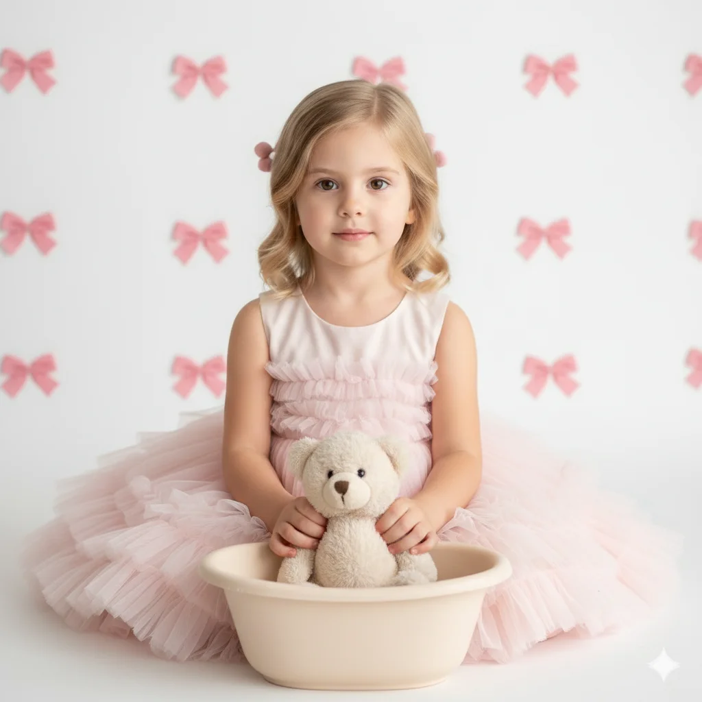 Маленькая девочка в студии в розовом пышном платье сидит у ванночки с игрушкой