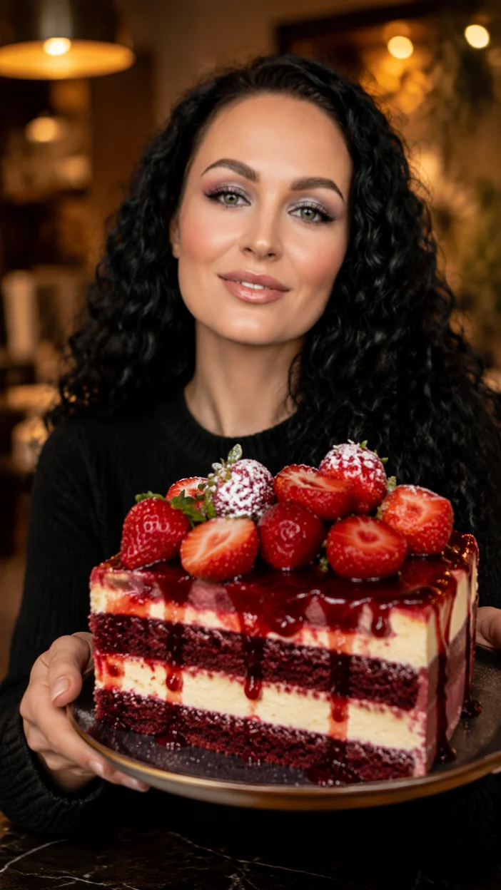 огромный аппетитный кусок клубничного чизкейка с насыщенными слоями красного бархатного бисквита