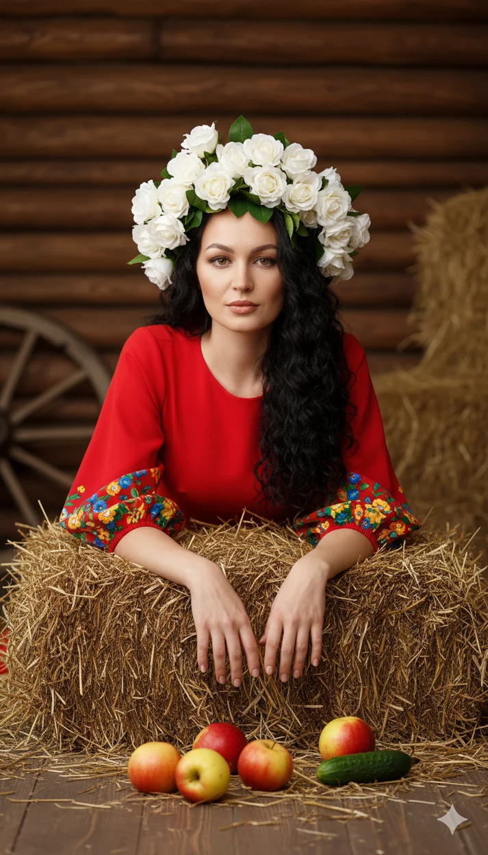 Женщина в красном платье с венком из белых цветов лежит на сене 